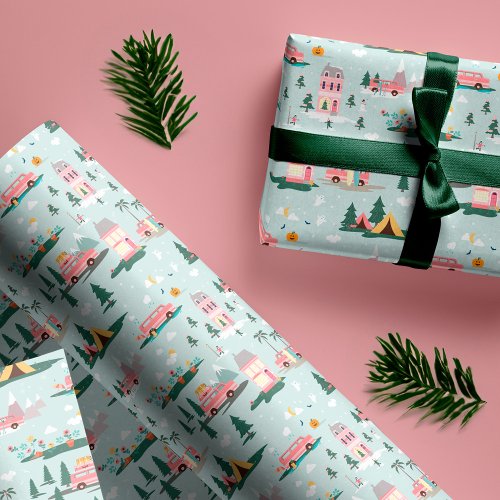 Let The Adventure Begin Chic Pink Retro Van Travel Wrapping Paper