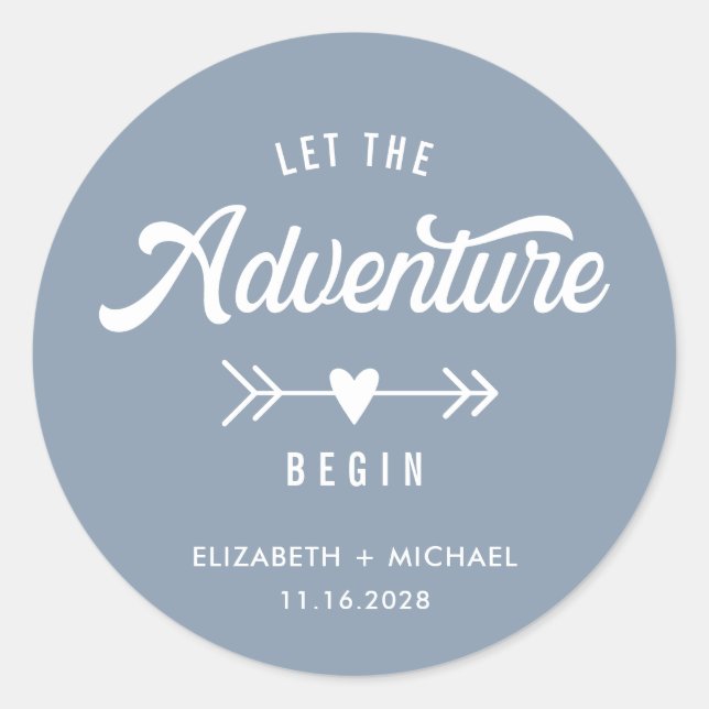Let The Adventure Begin Dusty Blue Wedding Classic Round Sticker (Front)