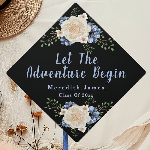 Let The Adventure Begin Floral Graduation Cap Topper