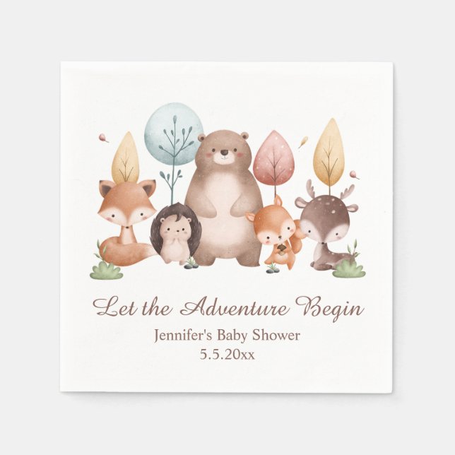 let the adventure begin forest animals baby shower napkins (Front)