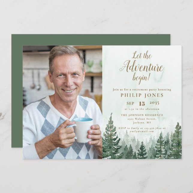 Let The Adventure Begin Forest Photo Retirement Invitation (Front/Back)