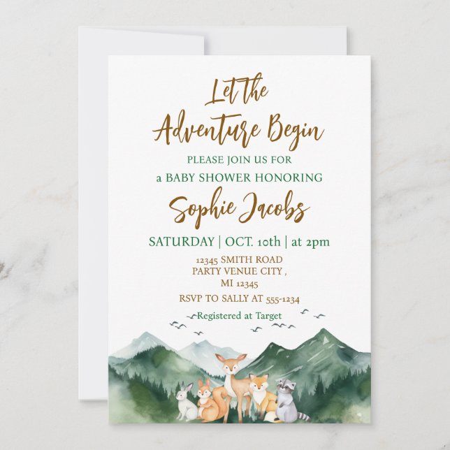 Let the Adventure Begin Forest Rustic Baby Shower Invitation (Front)