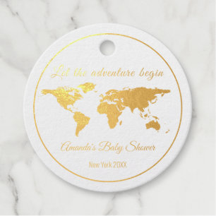 Let The Adventure Begin Gold World Map Baby Shower Foil Favor Tags