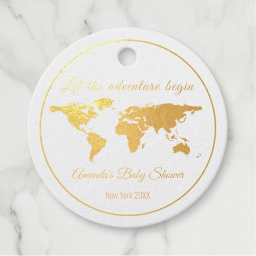 Let The Adventure Begin Gold World Map Baby Shower Foil Favor Tags