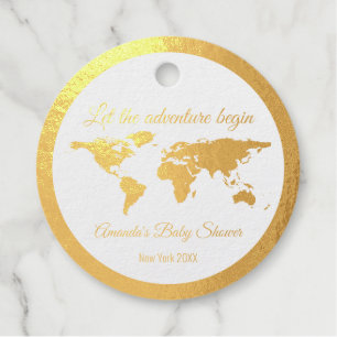 Let The Adventure Begin Golden Globe Baby Shower Foil Favor Tags