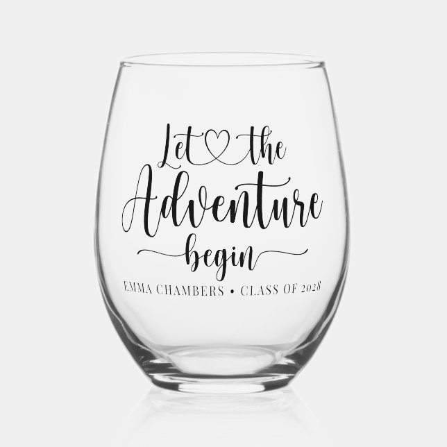 Let The Adventure Begin Graduation Class 2024 Stemless Wine Glass (Front)
