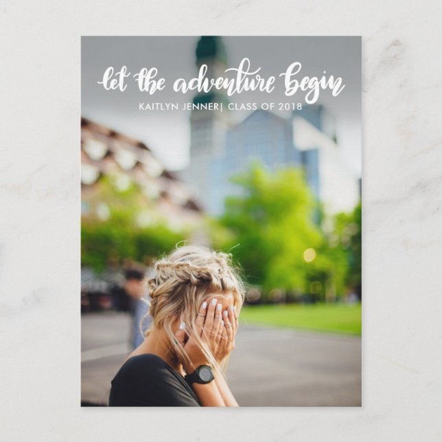 Let The Adventure Begin Handwritten | Graduate Announcement Postcard (Front)