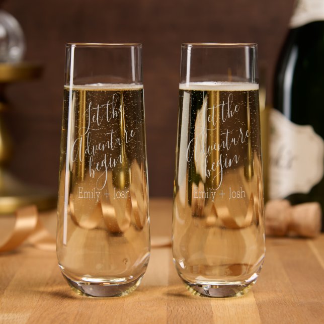 Let the adventure begin modern custom personalized stemless champagne flute (Party)
