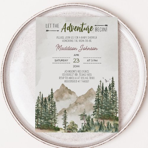 Let the Adventure Begin Mountain Baby Shower Invitation