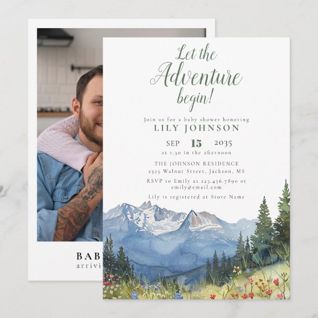 Let The Adventure Begin Mountain Baby Shower Photo Invitation (Front/Back)