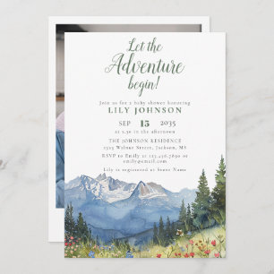 Let The Adventure Begin Mountain Baby Shower Photo Invitation