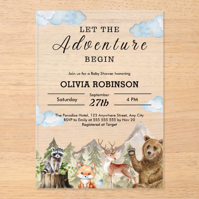 Let the Adventure Begin Mountain Boy Baby Shower  Acrylic Invitations (Front)