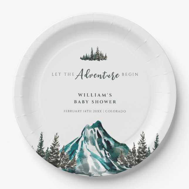 Let The Adventure Begin Mountain Pine Baby Shower Paper Plates (Front)