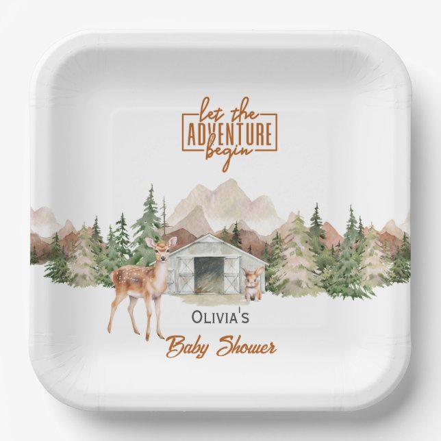 Let the Adventure Begin Mountain Rust Baby Shower Paper Plates (Front)