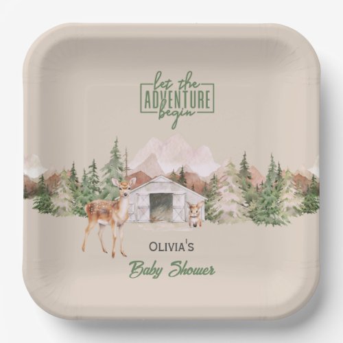 Let the Adventure Begin Mountain Sage Baby Shower Paper Plates