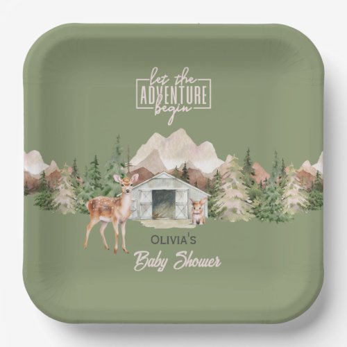 Let the Adventure Begin Mountain Sage Baby Shower Paper Plates