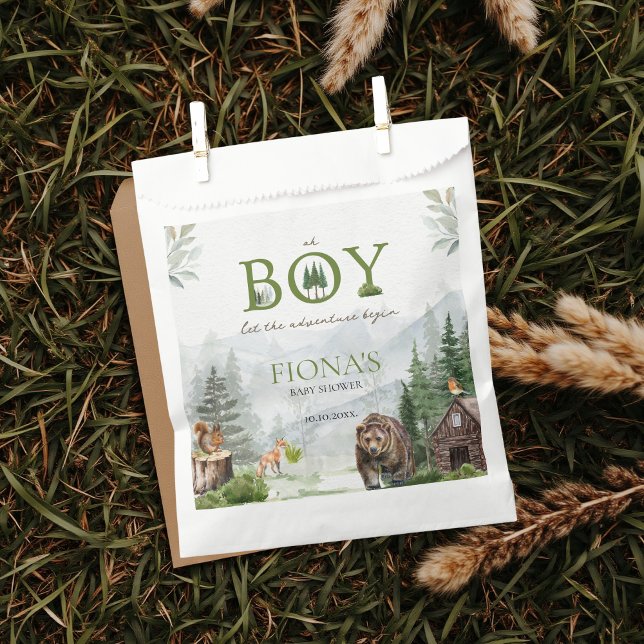 Let The Adventure Begin Mountains Boy Baby Shower Favor Bag (Oh boy let the adventure begin custom baby shower favor bags inspired by mountains, woodland, forest)