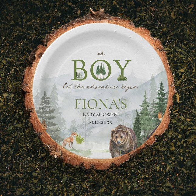 Let The Adventure Begin Mountains Boy Baby Shower Paper Plates (Oh Boy Let the adventure Begin Custom Baby Shower Paper Plate)