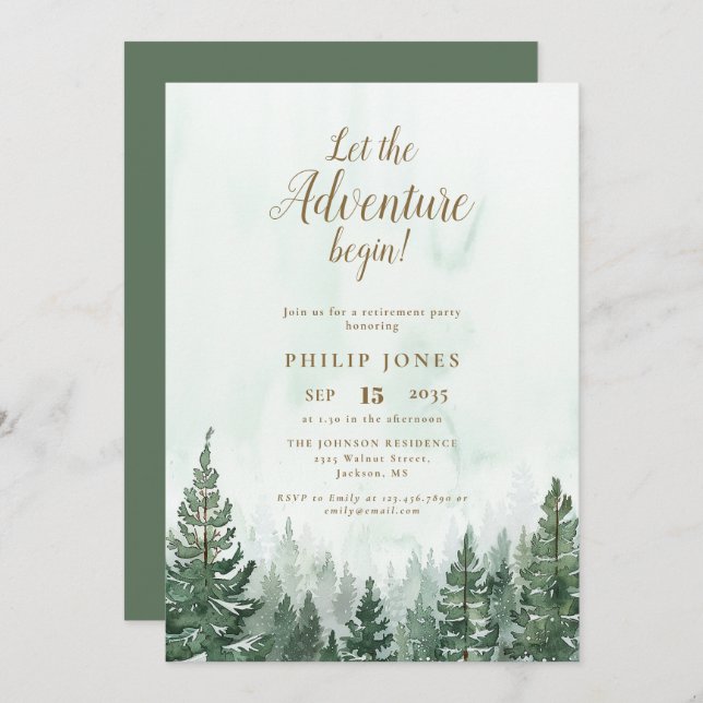 Let The Adventure Begin Pine Forest Retirement Invitation (Front/Back)