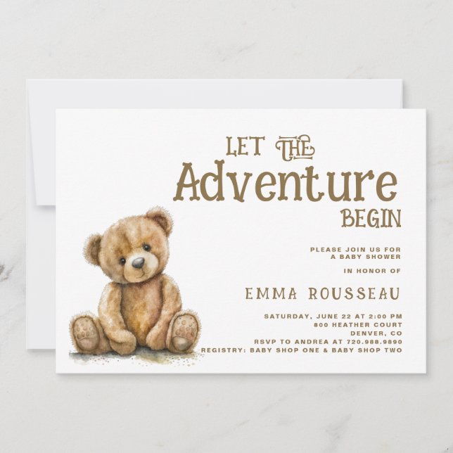 Let The Adventure Begin Teddy Bear Baby Shower Invitation (Front)