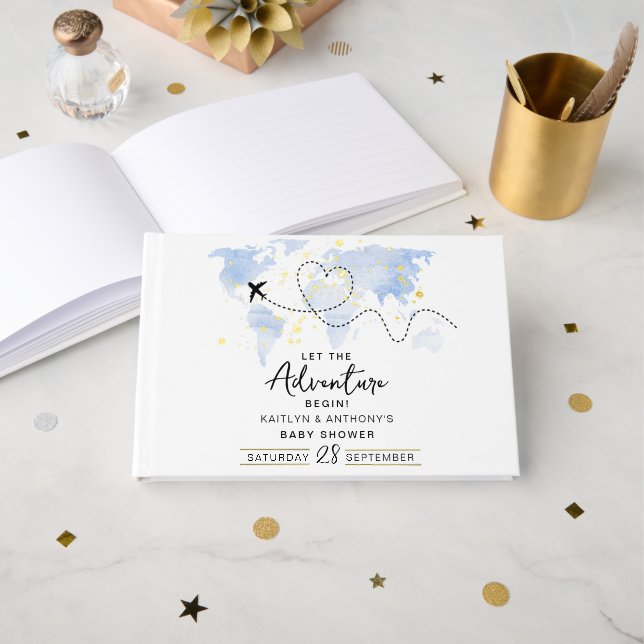 "Let The Adventure Begin!" Travel Map Baby Shower Foil Guest Book (Front Open)