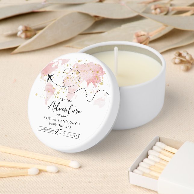 "Let The Adventure Begin!" Travel Map Baby Shower Mini Candle Favors (Insitu)