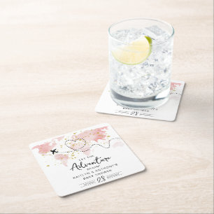"Let The Adventure Begin!" Travel Map Baby Shower Square Paper Coaster