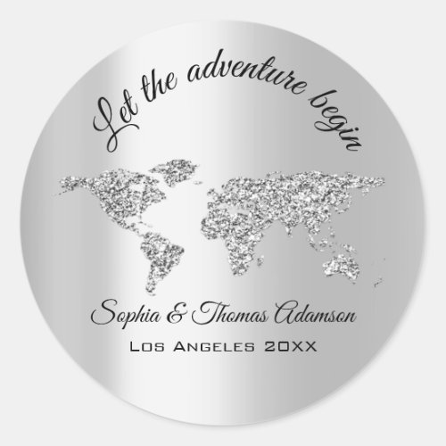 Let The Adventure Begin Wedding  World Globe Gray Classic Round Sticker