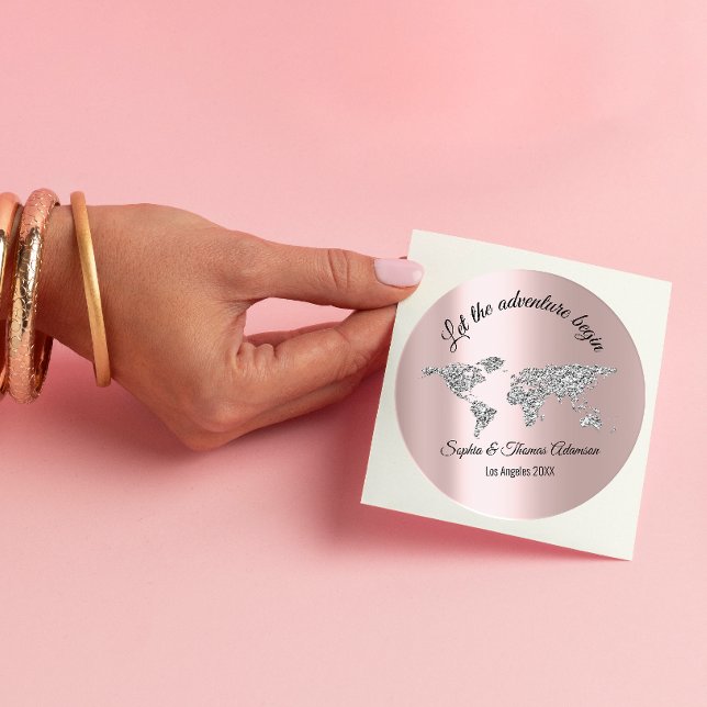 Let The Adventure Begin Wedding  World Rose Gray Classic Round Sticker (Creator Uploaded)