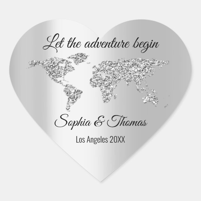 Let The Adventure Begin Wedding  World Silver Hear Heart Sticker (Front)