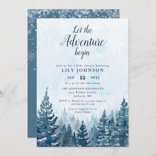 Let The Adventure Begin Winter Forest Baby Shower Invitation (Front/Back)