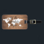 Let the adventure begin wood World map Luggage Tag<br><div class="desc">Modern and rustic,  this luggage faux wood tag features a white world map. Add you name and address to the back for a truly personalised luggage tag.</div>