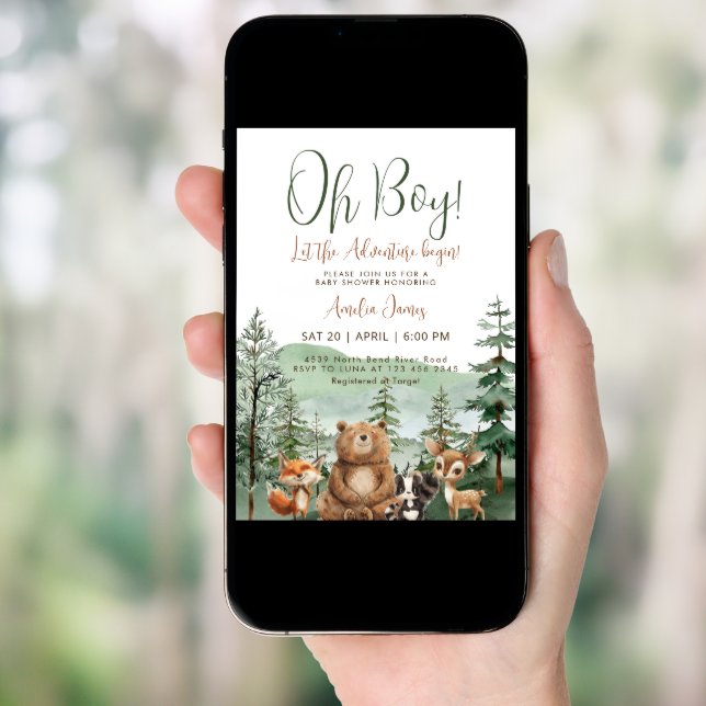 Let the Adventure Begin Woodland Boy Baby Shower  Invitation (Front Digital)