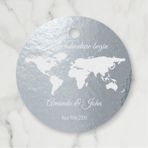 Let The Adventure Begin World Map Destination Gray Foil Favor Tags