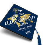 Let The Adventure Begin | World Map Graduation Cap<br><div class="desc">Travel themed graduation cap topper featuring a stylish navy blue background that can be changed to any color,  a faux gold foil world map,  compass,  plane,  the saying "let the adventure begin",  the graduates name,  school/college,  and class year.</div>