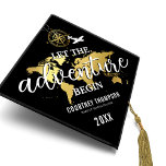 Let The Adventure Begin | World Map Graduation Cap Topper<br><div class="desc">Travel themed graduation cap topper featuring a stylish black background that can be changed to any color,  a faux gold foil world map,  compass,  plane,  the saying "let the adventure begin",  the graduates name,  school/college,  and class year.</div>