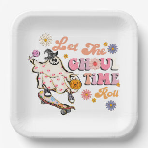 Let the Ghoul Time Roll Retro Halloween Paper Plates