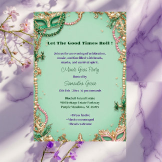 Let The Good Times Roll Mardi Gras Mask Beads Fun  Invitation