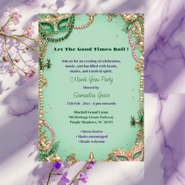 Let The Good Times Roll Mardi Gras Mask Beads Fun  Invitation (Let The Good Times Roll Mardi Gras Mask Beads Fun Invitation)