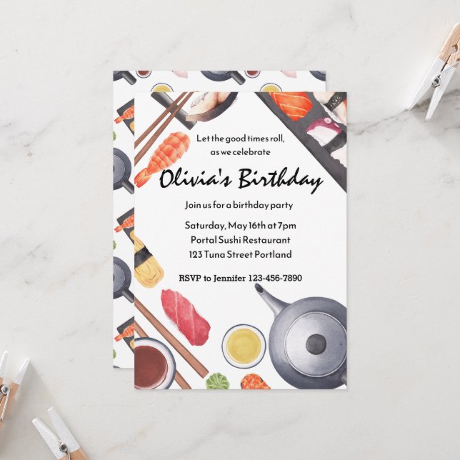 Let the Good Times Roll Sushi Party Birthday Invitation (Front/Back In Situ)