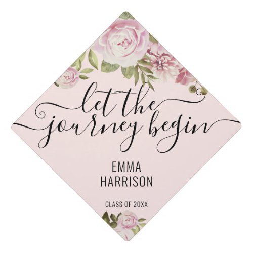 Let The Journey Begin Pink Floral Personalized  Graduation Cap Topper