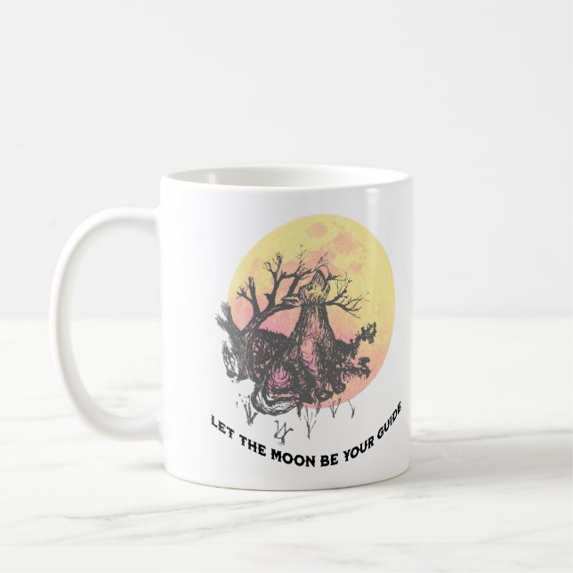 Let The Moon Guide, Wolf on Moon, Rustic Lettering Coffee Mug (Left)