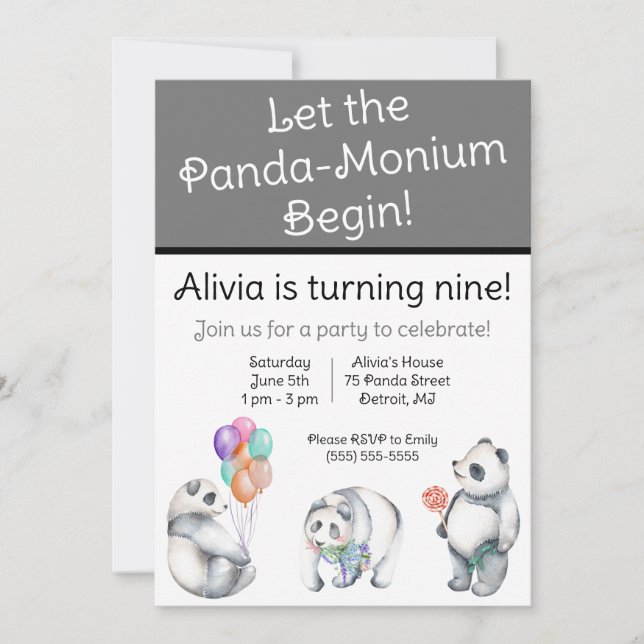 Let the Panda-Monium Begin! Panda themed Birthday Invitation (Front)