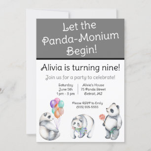 Let the Panda-Monium Begin! Panda themed Birthday Invitation