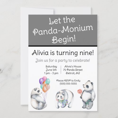 Let the Panda_Monium Begin Panda themed Birthday Invitation