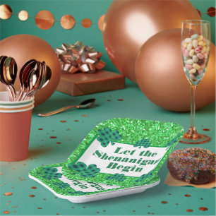 Let the Shenanigans Begin green sparkle clover Paper Plates