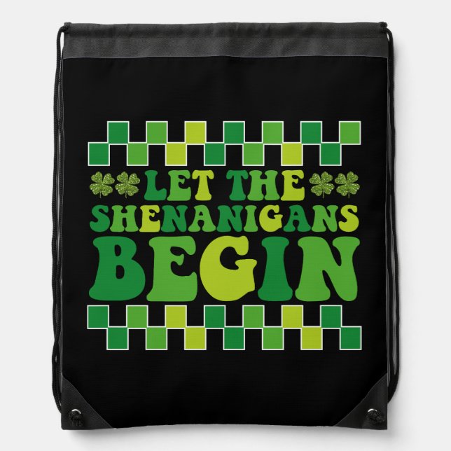 Let The Shenanigans Begin Irish Groovy Retro Drawstring Bag (Front)
