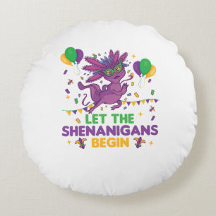 Let The Shenanigans Begin Mardi Gras Axolotl Round Pillow
