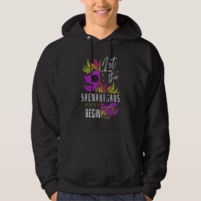 Let The Shenanigans Begin Mardi Gras Gnomes Kids M Hoodie (Front)
