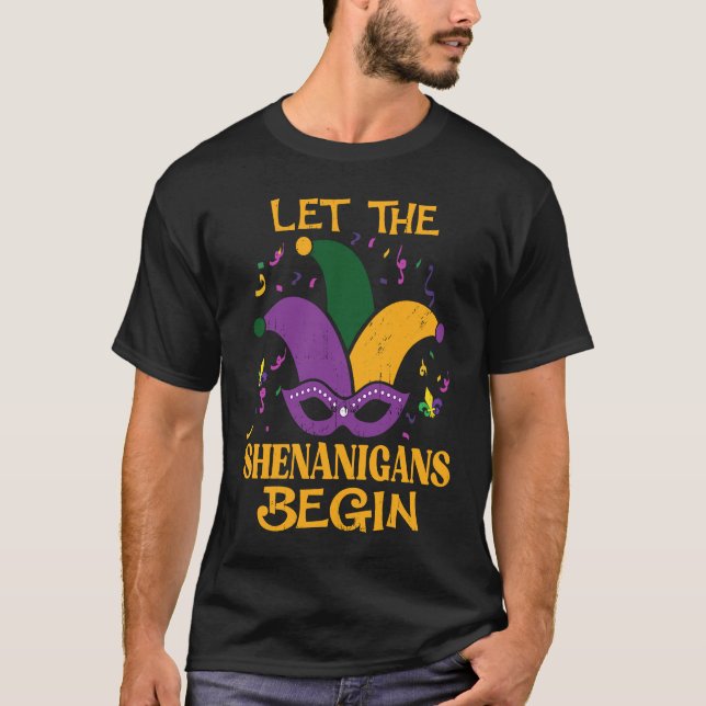 Let The Shenanigans Begin  Mardi Gras Jester Hat M T-Shirt (Front)